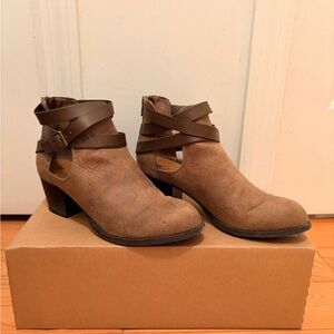 Women’s Brown Suede Ankle Booties with Cross-Strap Detail